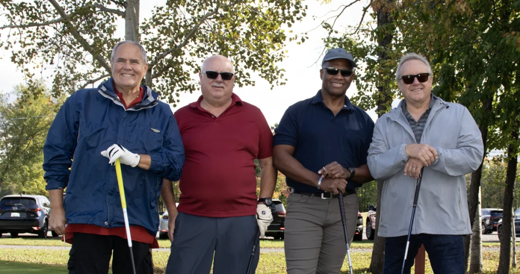 Shawn with National President (then Regional Vice-President for the Pacific) Barry Tchir, National Vice-President Mike Tennant, and Martin Mika at the 2024 Mike Wing memorial golf tournament. | Shawn en compagnie du Président national (alors Vice-président régional pour la région Pacifique) Barry Tchir, du vice-président national Mike Tennant et de Martin Mika lors du tournoi de golf à la mémoire de Mike Wing en 2024.